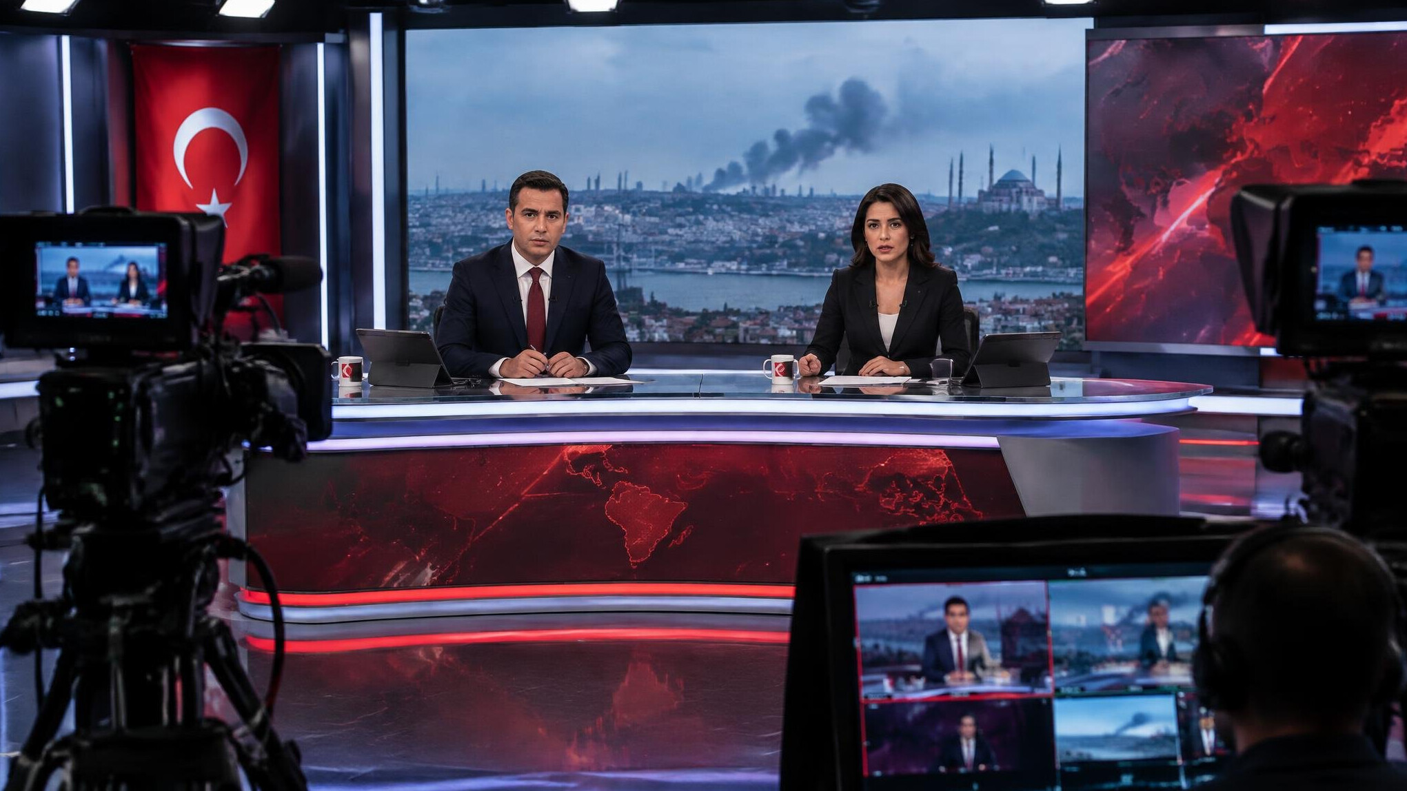 Television studio anchors on set during a live broadcast